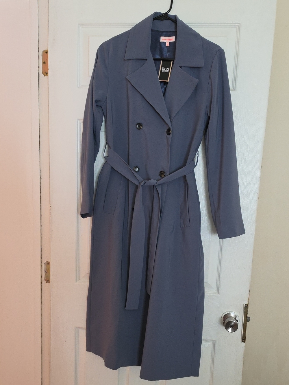 re:named Slate Blue Double-Breasted Trench Coat